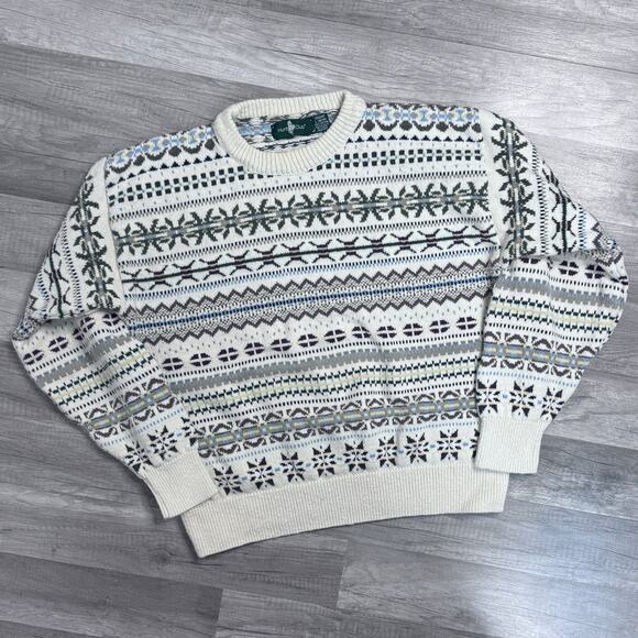 Vintage Sweater Fair Isle Knit 90s USA Made Cotton Size Large Hunt Club Grandpa - Picture 2 of 6